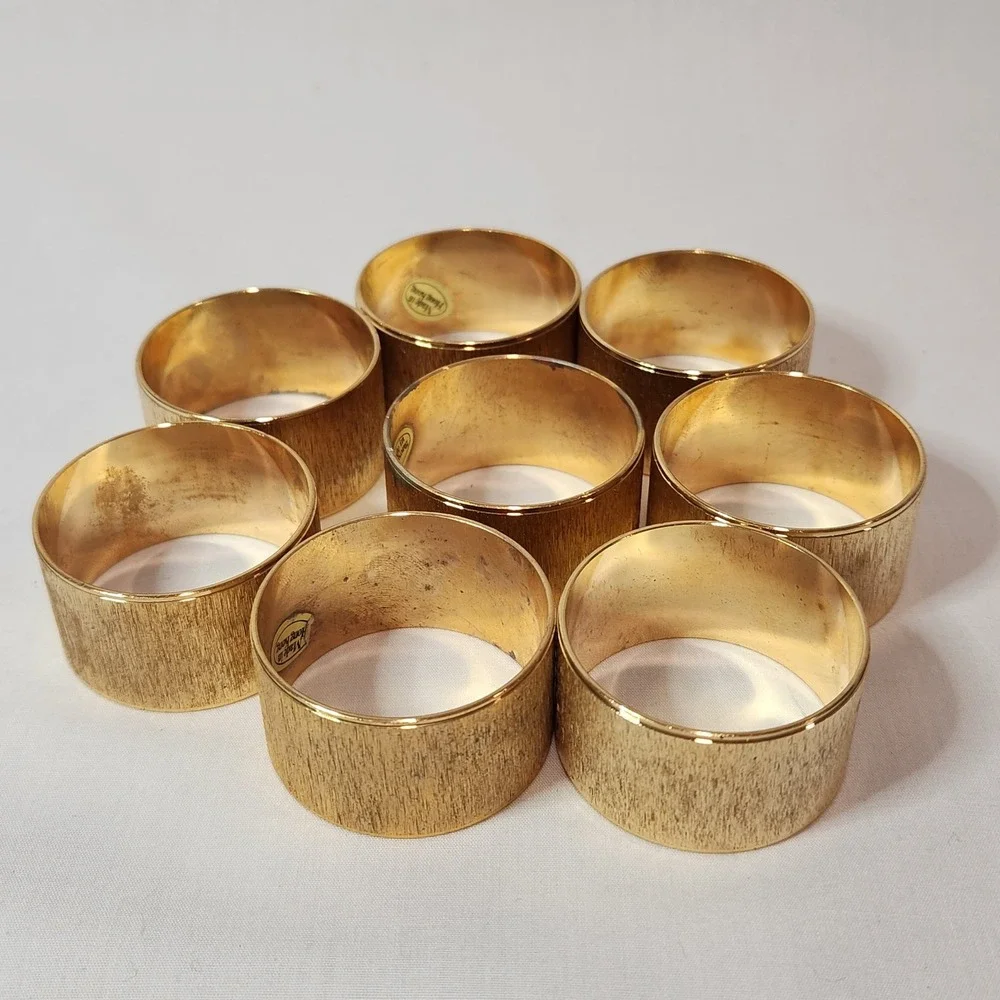 Vintage‎ Gold Tone Brushed Texture Napkin Rings Set of 8 MCM Made in Hong Kong